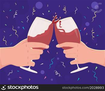 Toast with wine glasses for anniversary flat color vector illustration. Raising glassware with alcoholic drinks. Celebrating holiday 2D cartoon first view hand with abstract background. Toast with wine glasses for anniversary flat color vector illustration