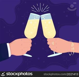 Toast with wine glasses for New Year flat color vector illustration. Raising glassware with alcoholic drinks. Luxury celebration 2D cartoon first view hand with abstract background. Toast with wine glasses for New Year flat color vector illustration