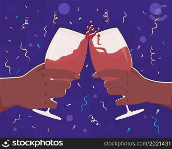 Toast with wine glasses on event flat color vector illustration. Raising glassware with alcoholic drinks. Celebrating anniversary 2D cartoon first view hand with abstract background. Toast with wine glasses on event flat color vector illustration