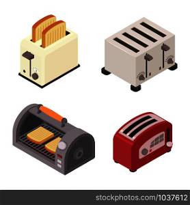 Toaster icons set. Isometric set of toaster vector icons for web design isolated on white background. Toaster icons set, isometric style