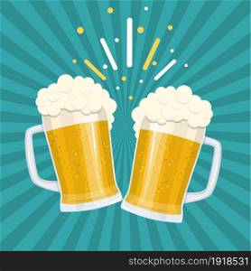 Toasting glasses of beer. Beer party mugs of beer. vector illustration in flat style. Toasting glasses of beer