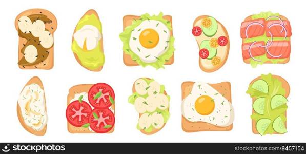Toasts with various toppings vector illustrations set. Collection of bread slices with eggs, lettuce, vegetables, fish isolated on white background. Food, breakfast or lunch concept