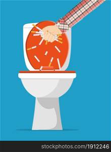 Tobacco abuse concept. Hand putting cigarettes in toilet. No smoking. Rejection, proposal smoke. Vector illustration in flat style.. Tobacco abuse concept.
