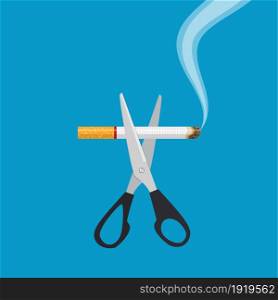 Tobacco abuse concept. Scissors cut a cigarettes. No smoking. Rejection, proposal smoke. Vector illustration in flat style.. Tobacco abuse concept.