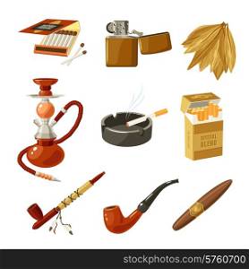 Tobacco and smoking decorative icons set with matches lighter cigarette pack isolated vector illustration. Tobacco Icons Set
