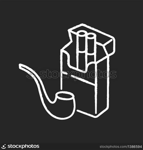 Tobacco chalk white icon on black background. Cigarettes in open box package. Pipe for smoking. Nicotine containing products. Cigars in cardboard pack. Isolated vector chalkboard illustration. Tobacco chalk white icon on black background