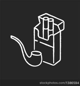Tobacco chalk white icon on black background. Cigarettes in open box package. Pipe for smoking. Nicotine containing products. Cigars in cardboard pack. Isolated vector chalkboard illustration. Tobacco chalk white icon on black background
