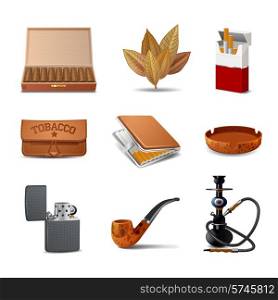 Tobacco decorative realistic icon set with cigars cigarette pack ash tray isolated vector illustration