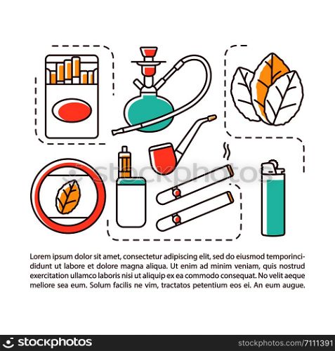 Tobacco industry article page vector template. Smoking products. Brochure, magazine, booklet design element with linear icons and text boxes. Print design. Concept illustrations with text space