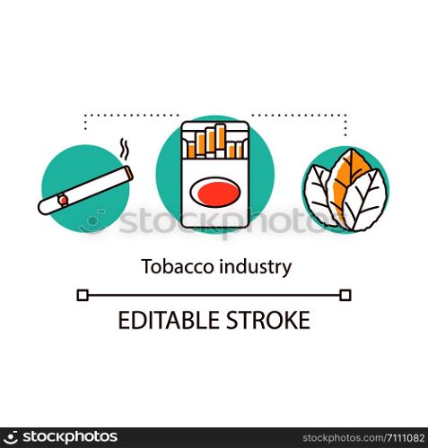 Tobacco industry concept icon. Nicotine-containing goods. Growth, preparation, sale cigarettes products idea thin line illustration. Smoking addiction. Vector isolated outline drawing. Editable stroke