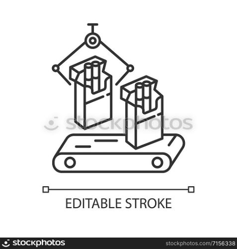 Tobacco industry linear icon. Conveyor automatic cigarette production line. Products for smokers plant. Thin line illustration. Contour symbol. Vector isolated outline drawing. Editable stroke