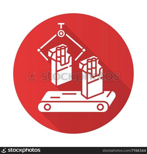 Tobacco industry red flat design long shadow glyph icon. Conveyor automatic cigarette production line. Manufacturing of packs of cigarettes on factory. Vector silhouette illustration