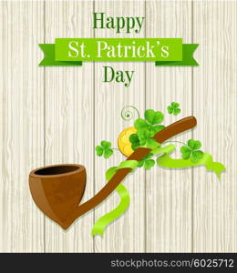 Tobacco pipe and clover leaves for St. Patrick&rsquo;s Day. Vector illustration.