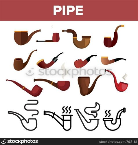 Tobacco Pipe Icon Set Vector. Smoke Cigar. Old Graphic Silhouette. Ash. Nicotine Addiction Object. Wooden Vintage Retro Classic Cigarette. Flat Illustration. Tobacco Pipe Icon Set Vector. Smoke Cigar. Old Graphic Silhouette. Ash. Nicotine Addiction Object. Wooden Vintage Retro Classic Cigarette. Line, Flat Illustration