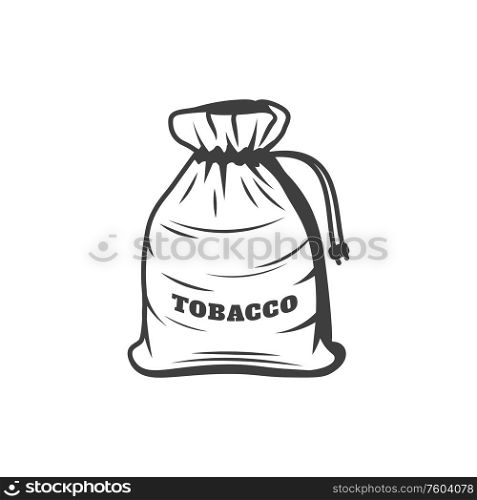 Tobacco pouch isolated rag bag monochrome icon. Vector sack with nicotine leaves. Sack with tobacco leaf isolated smoking habit icon
