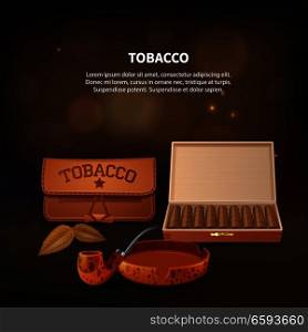 Tobacco realistic composition with smoking pipe tobacco and necessary attributes for smoking vector illustration. Tobacco Realistic Composition