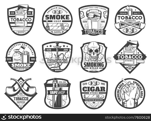 Tobacco smoking vector icons with cigarettes, cigars and smoke pipes, hookah and vape. Cigarette boxes, skull smoker and ashtray, matches, lighter and cigar cutter monochrome badges. Cigarette, cigar, tobacco leaf and smoke icons