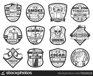 Tobacco smoking vector icons with cigarettes, cigars and smoke pipes, hookah and vape. Cigarette boxes, skull smoker and ashtray, matches, lighter and cigar cutter monochrome badges. Cigarette, cigar, tobacco leaf and smoke icons