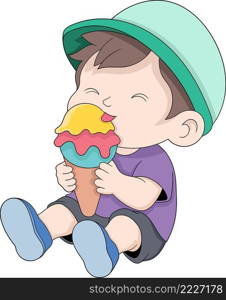 toddler boy is sitting and licking delicious and sweet ice cream, cartoon flat illustration