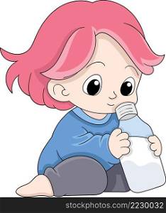 toddler girl is sitting carrying a bottle of fresh milk, creative illustration design