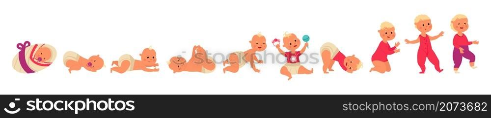 Toddler growth process. Baby development, infant one year life. Kid from newborn to first step. Cartoon child decent evolution vector concept. Illustration growth toddler age, infant and child growing. Toddler growth process. Baby development, infant one year life. Kid from newborn to first step. Cartoon child decent evolution vector concept