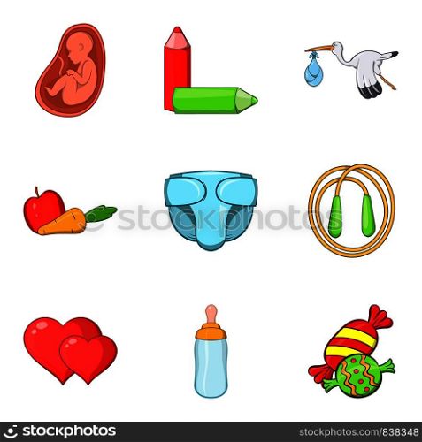 Toddler icons set. Cartoon set of 9 toddler vector icons for web isolated on white background. Toddler icons set, cartoon style