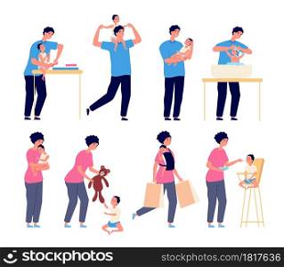 Toddler in family. Mother with baby, father taking care child. Parents playing washing feeding hugging son or daughter vector illustration. Mother care, parent and child, father and mom. Toddler in family. Mother with baby, father taking care child. Parents playing washing feeding hugging son or daughter vector illustration