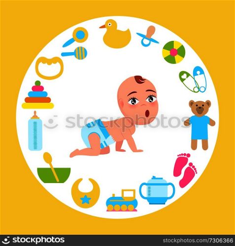 Toddler infant in diaper crawls on all fours with wide open mouth frame made of accessories for kids fun and care vector poster with circle border.. Toddler Infant in Diaper Crawl on All Fours Vector