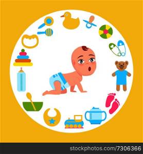 Toddler infant in diaper crawls on all fours with wide open mouth frame made of accessories for kids fun and care vector poster with circle border.. Toddler Infant in Diaper Crawl on All Fours Vector