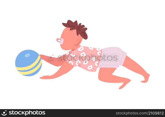 Toddler playing with ball semi flat color vector character. Crawling figure. Full body person on white. Little kid isolated modern cartoon style illustration for graphic design and animation. Toddler playing with ball semi flat color vector character