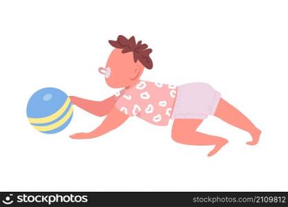 Toddler playing with ball semi flat color vector character. Crawling figure. Full body person on white. Little kid isolated modern cartoon style illustration for graphic design and animation. Toddler playing with ball semi flat color vector character
