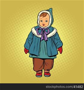 toddler retro clothes doll, pop art vector illustration. Childhood and fashion
