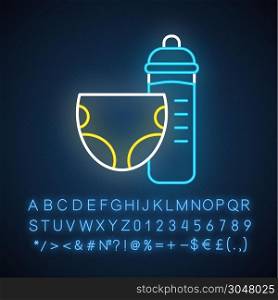 Toddler room neon light icon. Nursery. Nappy, baby bottle. Children care zone. Childcare place. Apartment amenities. Glowing sign with alphabet, numbers and symbols. Vector isolated illustration