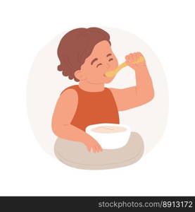 Toddler self-feeding isolated cartoon vector illustration. Smiling kid feeding himself with tasty meal, healthy lifestyle, toddler food habits, child in a good mood vector cartoon.. Toddler self-feeding isolated cartoon vector illustration.