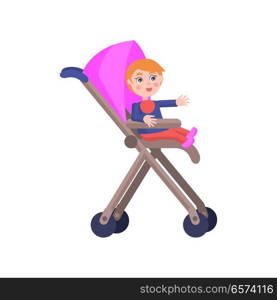 Toddler with red hair sits in pink baby carriage, smiles and lend hand on white background. Cartoon toddler icon. Happy childhood. Mother Day toddler collection isolated vector illustration.. Toddler in Baby Carriage. Mother Day Illustration