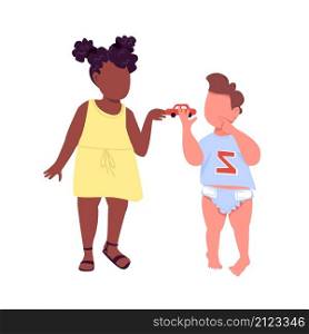 Toddlers play together semi flat color vector characters. Active figures. Full body people on white. Game for kids isolated modern cartoon style illustration for graphic design and animation. Toddlers play together semi flat color vector characters