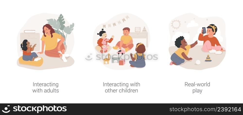 Toddlers social and emotional skills isolated cartoon vector illustration set. Interacting with adults and other children, real-world play, early childhood development, kindergarten vector cartoon.. Toddlers social and emotional skills isolated cartoon vector illustration set.