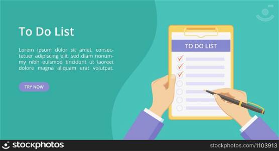 Todo list on clipboard with hands landing page concept. Website page vector concept, checklist with task to do. Online todo list service green landing template illustration with hand and clipboard. Todo list hands on clipboard green landing page