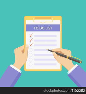 Todo list on clipboard with hands vector illustration. Checklist document with task to do on board with paper clip. Flat man hands holding pen and clipboard with todo list on green background.. Todo list clipboard with flat hands green graphic