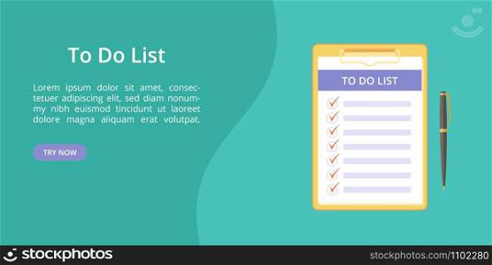 Todo list on clipboard with pen web template. Vector landing page concept, note and task to do on board with paper clip. Web template illustration, pen and clipboard with todo list on green background. Todo list on clipboard with pen green web template