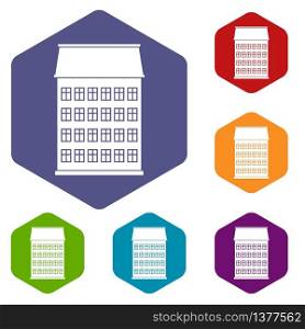 Toen house icons vector colorful hexahedron set collection isolated on white. Town house icons vector hexahedron