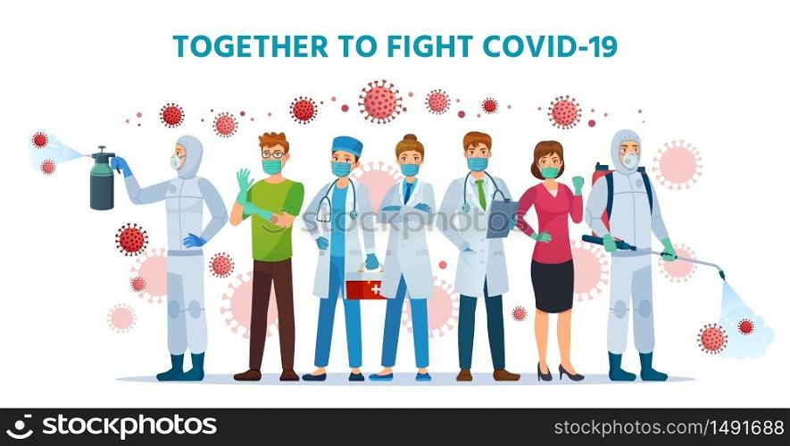 Together to fight Covid-19. Healthcare collaboration, fights coronavirus. Doctors, nurses and people wearing safety face mask and sanitizer spray vector illustration. Medical team, teamwork protection. Together to fight Covid-19. Healthcare collaboration, fights coronavirus. Doctors, nurses and people wearing safety face mask and use sanitizer spray vector illustration