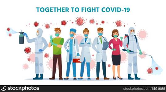 Together to fight Covid-19. Healthcare collaboration, fights coronavirus. Doctors, nurses and people wearing safety face mask and sanitizer spray vector illustration. Medical team, teamwork protection. Together to fight Covid-19. Healthcare collaboration, fights coronavirus. Doctors, nurses and people wearing safety face mask and use sanitizer spray vector illustration