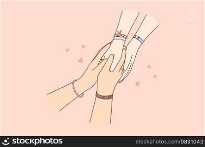 Togetherness, care, holding hands concept. Hands of loving caring people couple one in another meaning mutual love, tenderness and support illustration, close-up . Togetherness, care, holding hands concept
