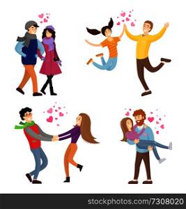 Togetherness concept set of young man and woman spending time at Valentines Day together vector illustration isolated on white background, merry lovers. Togetherness Concept Set of Young Man and Woman