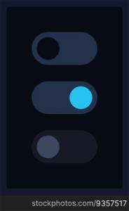 Toggle switch UI elements kit. Turn off and on isolated vector components. Flat navigation menus and interface buttons template. Dark theme web design widget collection for mobile application. Toggle switch UI elements kit