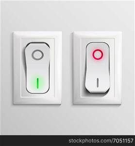 Toggle Switch Vector. Plastic Switches With On, Off Position. Button Illustration.. 3D Toggle Switch Vector. White Switches With On, Off Position. Electric Light Control Illustration.