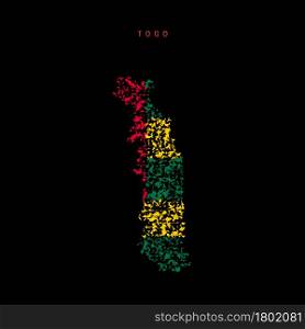 Togo flag map, chaotic particles pattern in the colors of the Togolese Republic flag. Vector illustration isolated on black background.. Togo flag map, chaotic particles pattern in the Togolese Republic flag colors. Vector illustration