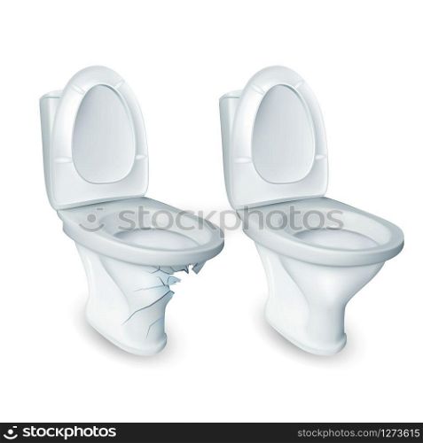 Toilet And Damaged Restroom Ceramic Bowl Vector. Household Toilet Lavatory Opened Raised Plastic Seat And Broken With Hole. Sanitary Bathroom Cabinet Equipment Realistic 3d Illustration. Toilet And Damaged Restroom Ceramic Bowl Vector
