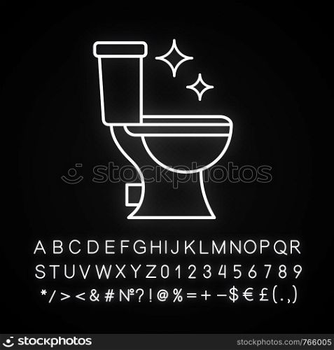Toilet cleaning neon light icon. Bathroom cleaning. Glowing sign with alphabet, numbers and symbols. Vector isolated illustration. Toilet cleaning neon light icon